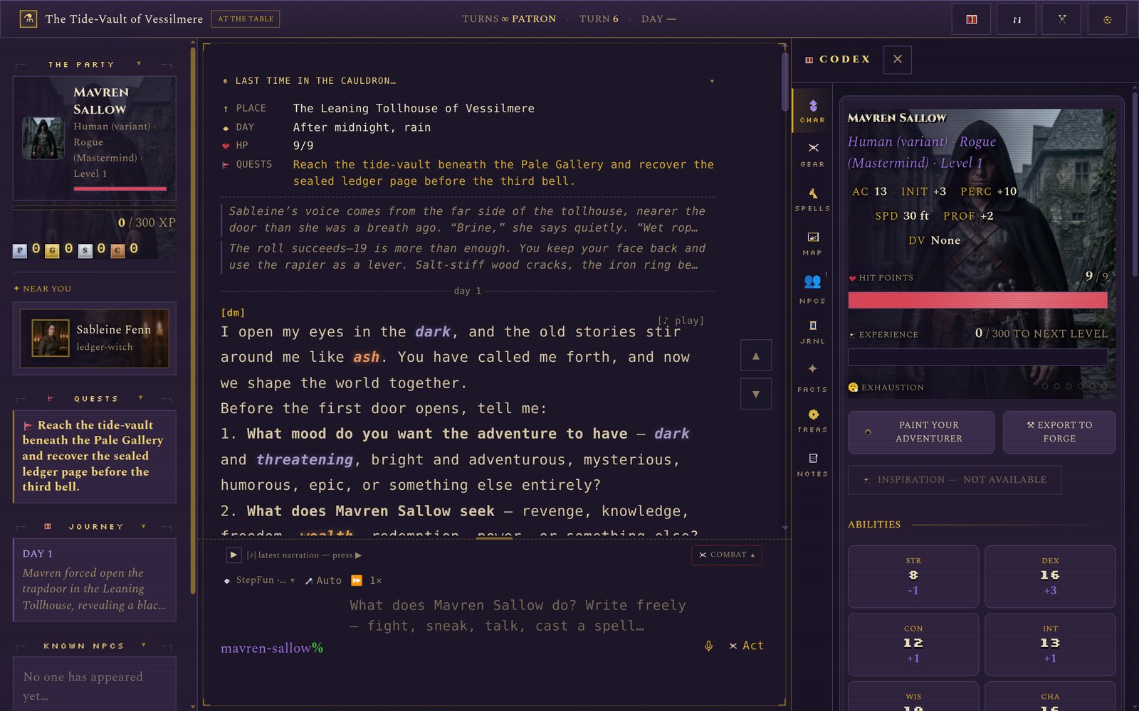 At the Table — the chat view: the DM's narration above the rite-rail, the composer below, dice results and the party sidebar