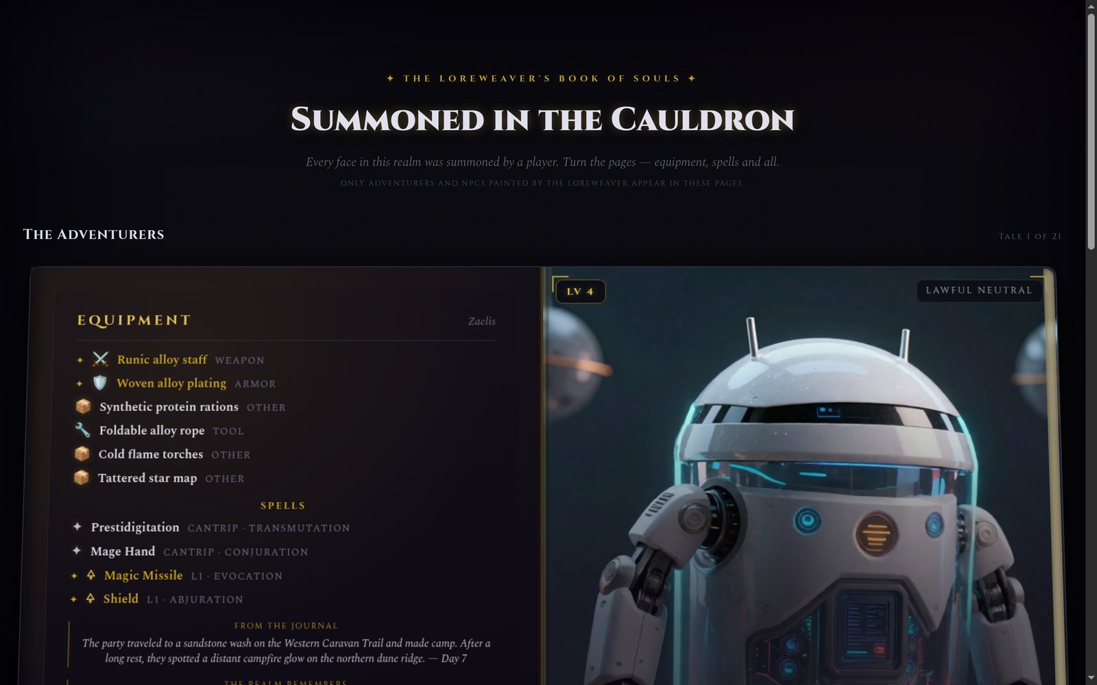Book of Souls — the public gallery of summoned adventurers and NPCs as page-turning books with AI-generated portraits