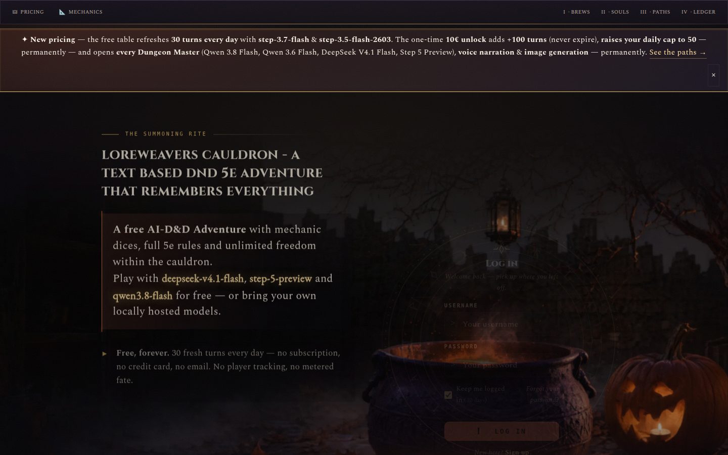 The Gate — the login screen: a dark stone hall with the Cauldron's brand, the sign-in card and the pitch 'a free AI Dungeon Master with a memory'